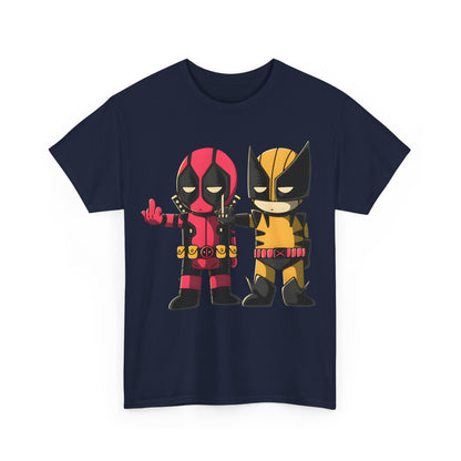 Chibi Legends Tee featuring Deadpool and Wolverine in a whimsical graphic design, perfect for comic fans and luxury style enthusiasts.