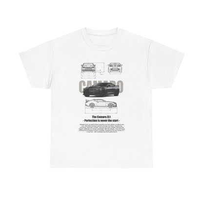 Elegant Chevy Camaro ZL1 Graphic Tee for Men, featuring the iconic Camaro ZL1 illustration on a crisp white background, highlighting technical drawings and powerful details.