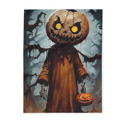 Decorative and Warm Halloween Spooky Arctic Fleece Blanket featuring an eerie pumpkin-headed figure in a haunting forest backdrop, perfect for adding a touch of luxury and seasonal charm to your Halloween decor.