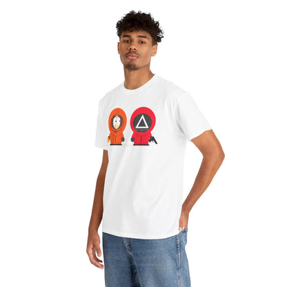 Fashionable model wearing the Squid Game South Park Unisex Men’s Women’s Graphic Cotton Funny T Shirt Tee, featuring a playful graphic mashup of iconic characters, set against a casual backdrop.