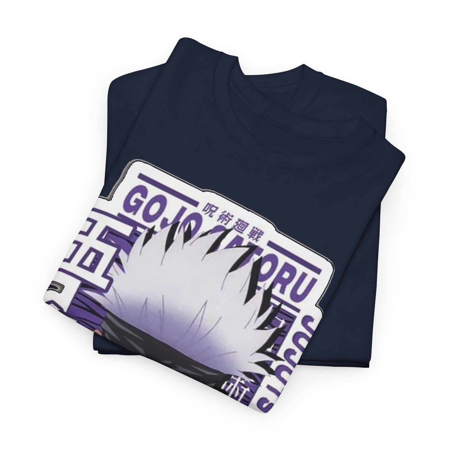 Luxurious Gojo Satoru T-shirt folded elegantly, showcasing the vibrant anime design on a deep navy background, perfect for Jujutsu Kaisen fans.