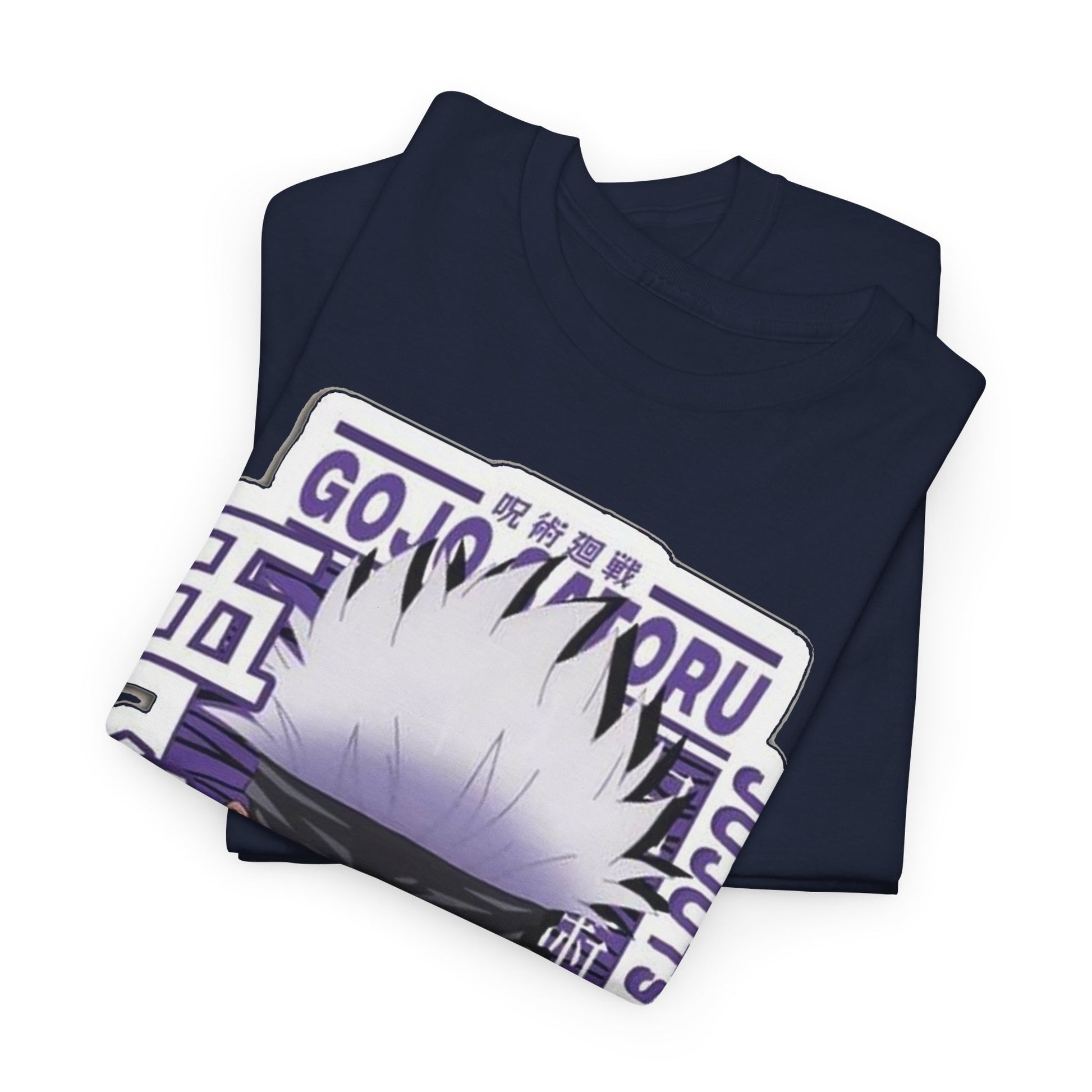 Luxurious Gojo Satoru T-shirt folded elegantly, showcasing the vibrant anime design on a deep navy background, perfect for Jujutsu Kaisen fans.
