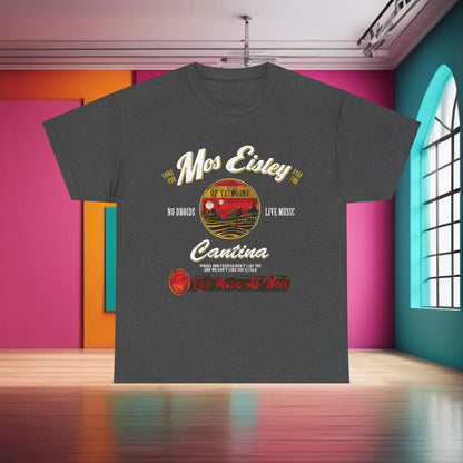 Sophisticated Star Wars Mos Eisley Cantina Graphic T-Shirt presented in an artistic urban display, blending fashion with iconic pop culture.