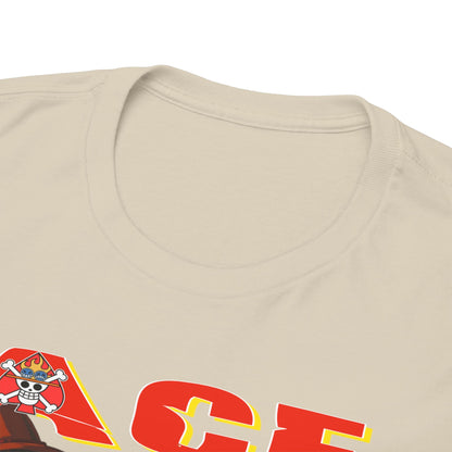 Close-up of the luxurious fabric neckline of the one-piece t-shirt adorned with a striking Ace graphic, showcasing premium quality and meticulous design.