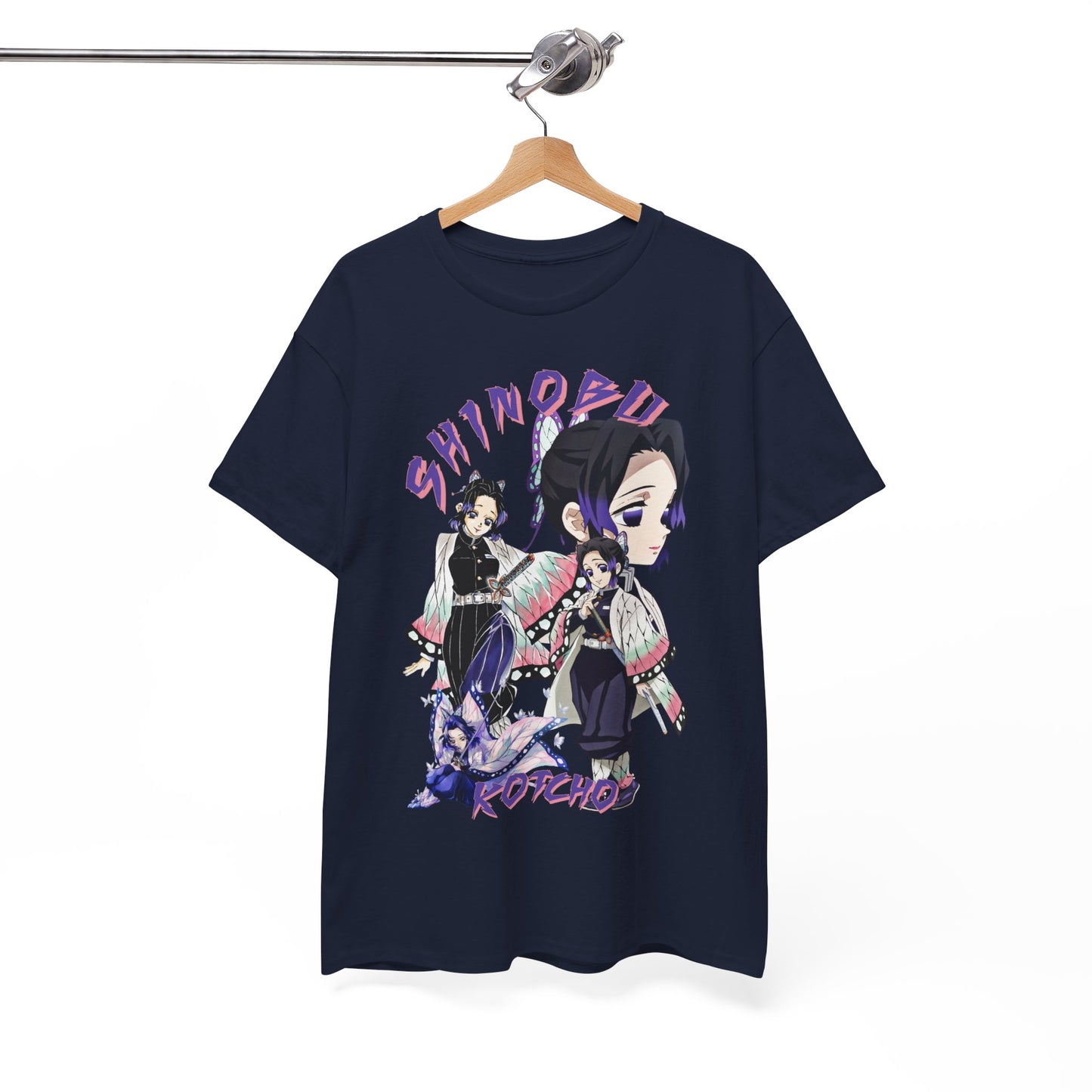 Sophisticated navy blue T-shirt hung on display, featuring an exquisite print of Shinobu Kocho from Demon Slayer, complete with butterfly details and modern styling.