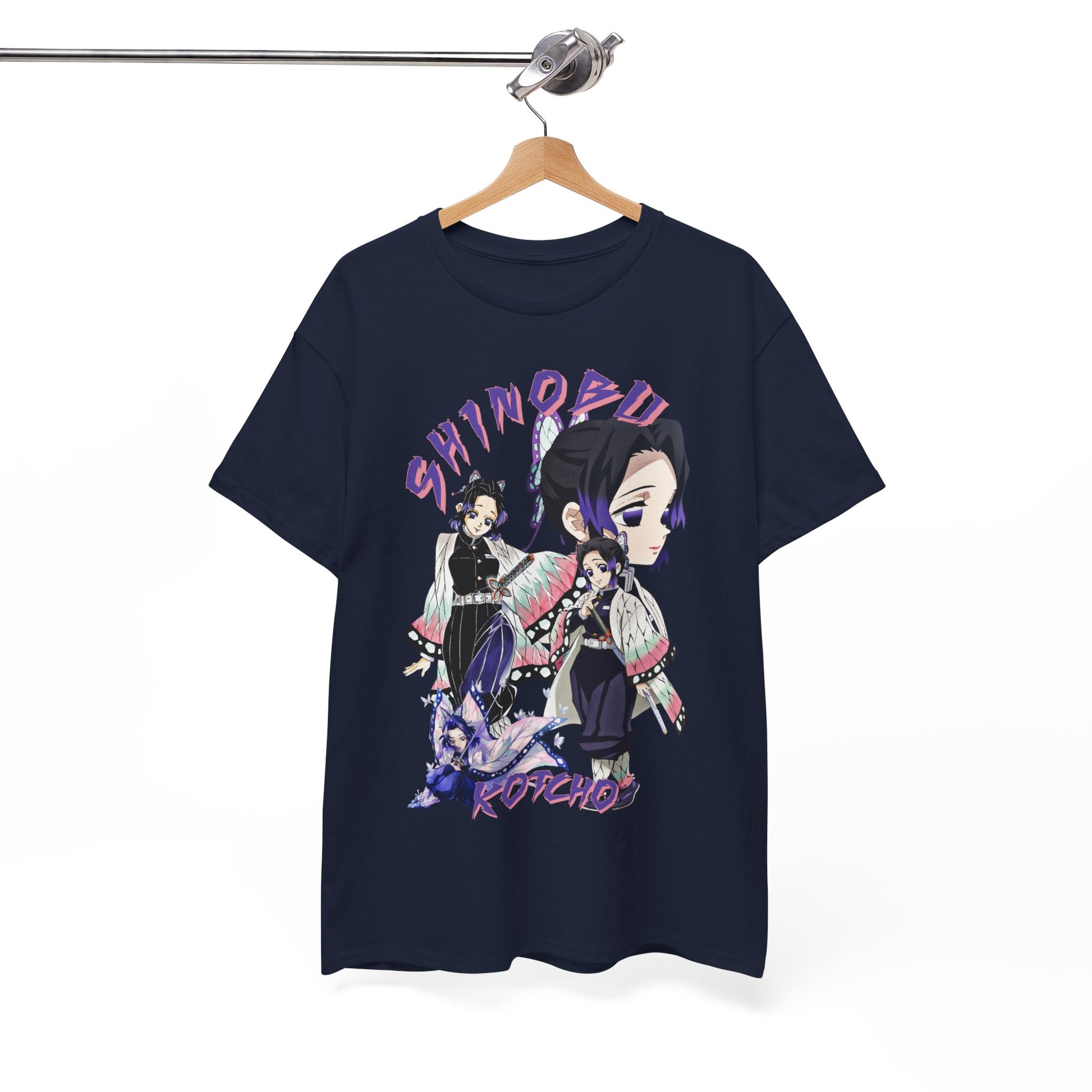 Sophisticated navy blue T-shirt hung on display, featuring an exquisite print of Shinobu Kocho from Demon Slayer, complete with butterfly details and modern styling.
