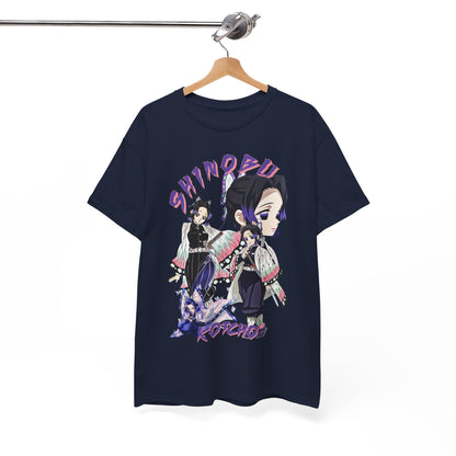 Luxurious navy blue T-shirt featuring intricate anime artwork of Shinobu Kocho from Demon Slayer, enhanced with dynamic butterfly wings and stylish typography, perfect for fashion-forward anime enthusiasts.