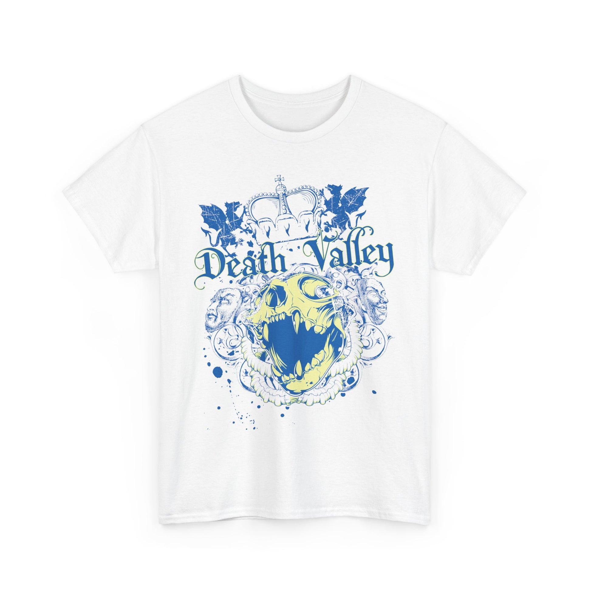 Sophisticated white Death Valley Skull T-Shirt with detailed blue graphic featuring a crown and bold skull, tailored for unique self-expression.