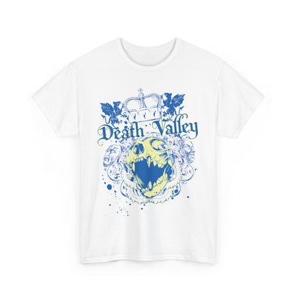 Sophisticated white Death Valley Skull T-Shirt with detailed blue graphic featuring a crown and bold skull, tailored for unique self-expression.