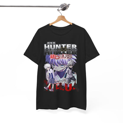 Exquisite black 'Hunter x Hunter' t-shirt displayed on a hanger, showcasing dynamic graphics of Killua and Gon, a must-have for fashion-savvy fans.