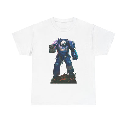 Front view of a luxurious WarHammer graphic t-shirt, showcasing a striking blue armoured figure, designed for both men and women who appreciate unique fashion.