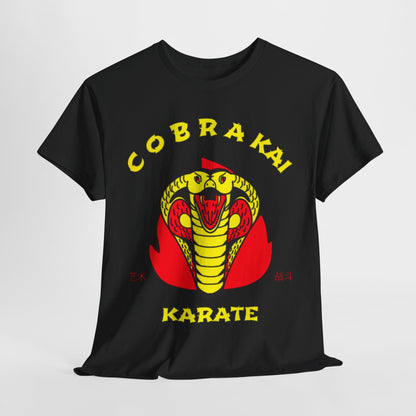 Elegant Cobra Kai unisex T-shirt featuring a striking graphic of a coiled snake emblem in vibrant red and yellow, symbolizing martial arts spirit and nostalgia.