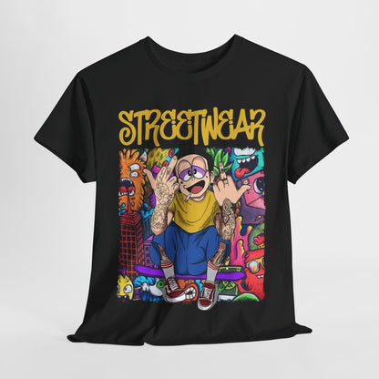Luxurious black t-shirt featuring a vibrant cartoon graphic design, showcasing a stylish character with tattooed arms and playful elements. The bold lettering 'STREETWEAR' in striking yellow adds an edgy appeal, set against a colourful urban backdrop, perfect for fashion-forward individuals seeking unique streetwear.