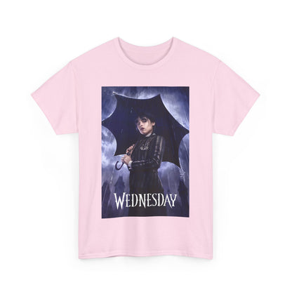 Front view of a high-quality pink unisex graphic tee shirt displaying the title 'Wednesday' Embrace the Dark Elegance, adorned with a captivating graphic inspired by the iconic Wednesday Addams.