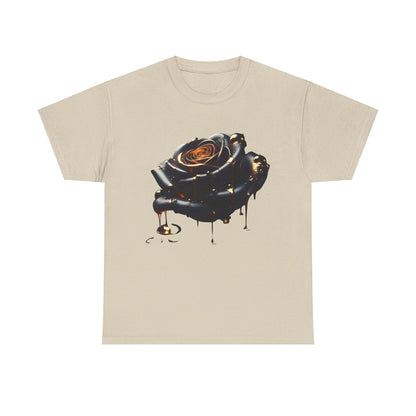 Chic Close-Up Abstract Rose Unisex Cotton Tee Graphic T Shirt in beige highlighting a stunning abstract rose design with golden liquid drips, a must-have for discerning fashion enthusiasts.