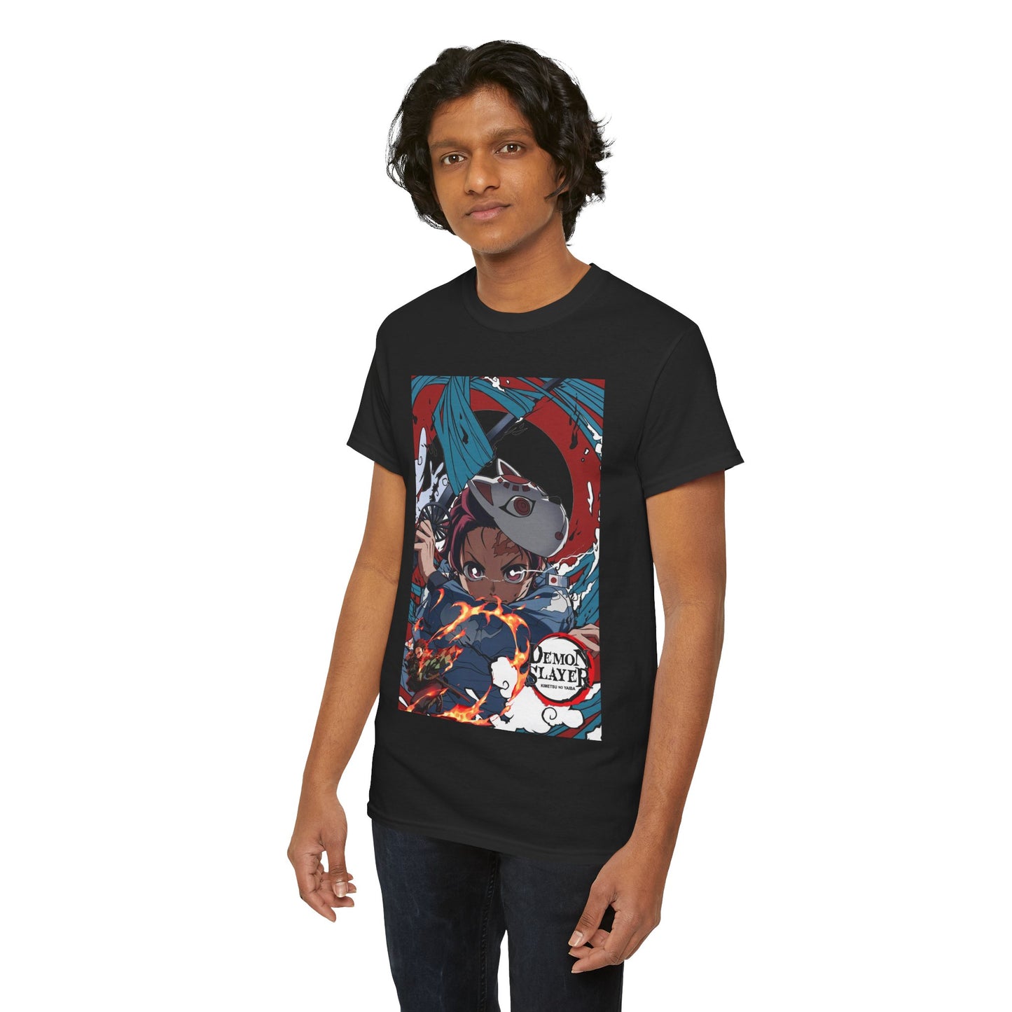 Stylish black Demon Slayer t-shirt featuring anime character Tanjiro Kamado against a fiery background, showcasing vibrant print and urban aesthetic.