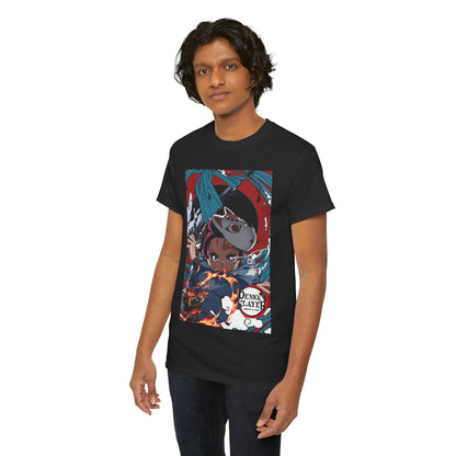 Stylish black Demon Slayer t-shirt featuring anime character Tanjiro Kamado against a fiery background, showcasing vibrant print and urban aesthetic.