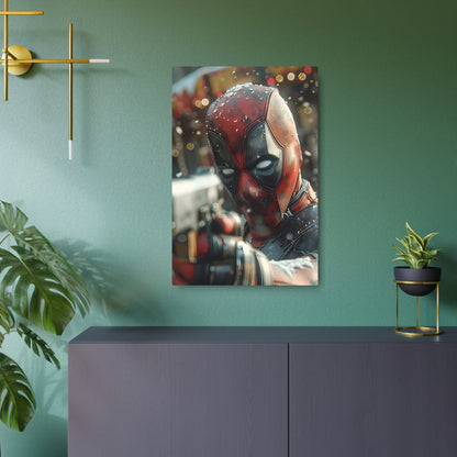 Stunning Deadpool Metal Art Poster displayed in an elegant setting, showcasing high-quality matte aluminium craftsmanship and unique wall décor.