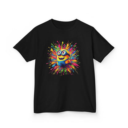 Sophisticated black Minion Paint Splash T-shirt featuring a vibrant Minion design, suitable for stylish kids who appreciate fun fashion.