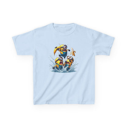 Minions T-Shirt Kids Despicable Me Banana Yellow Graphic Tee in light blue, depicting fun-loving Minions playing in the water, designed for both boys and girls. This funny shirt is perfect for little fans of the Despicable Me series. T Shirt, Funny, Minions.