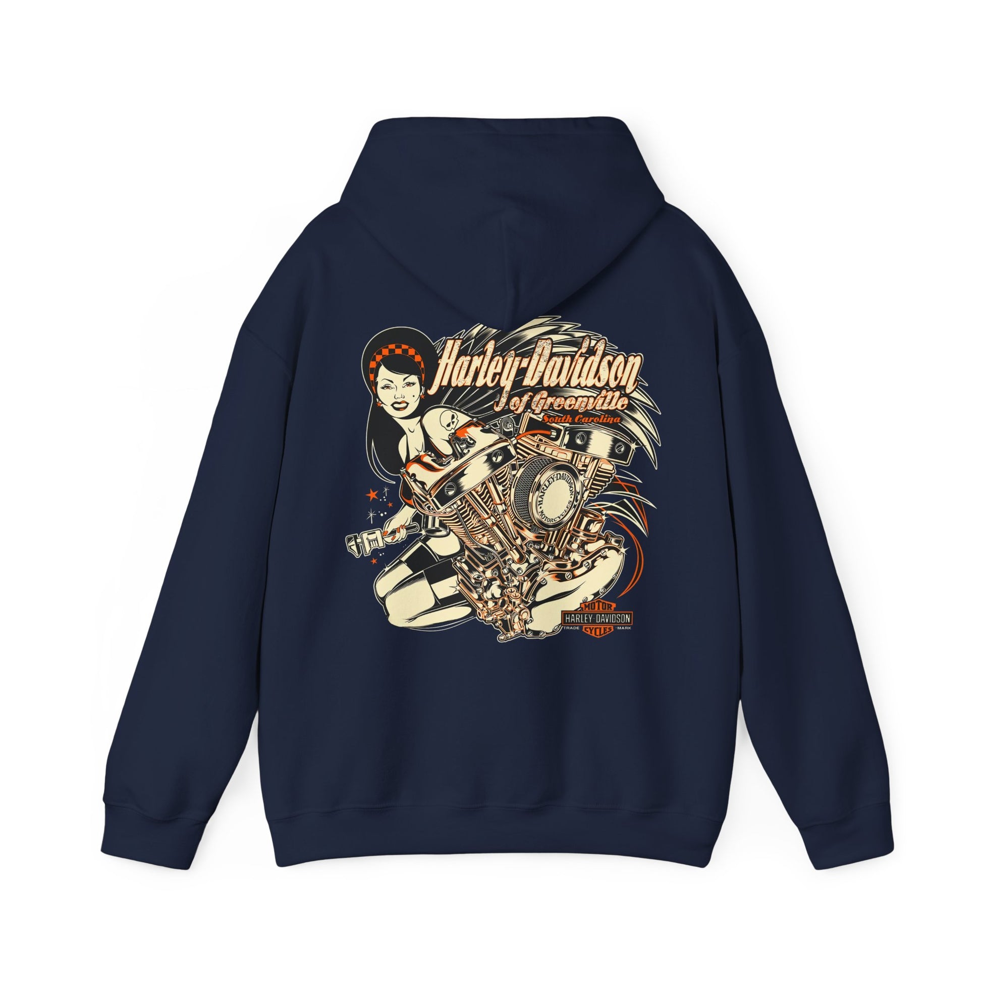 Elegant navy Harley-Davidson graphic hoodie showcasing a retro motorcycle engine and a confident woman, ideal for those who appreciate fashion and freedom.