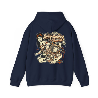 Elegant navy Harley-Davidson graphic hoodie showcasing a retro motorcycle engine and a confident woman, ideal for those who appreciate fashion and freedom.