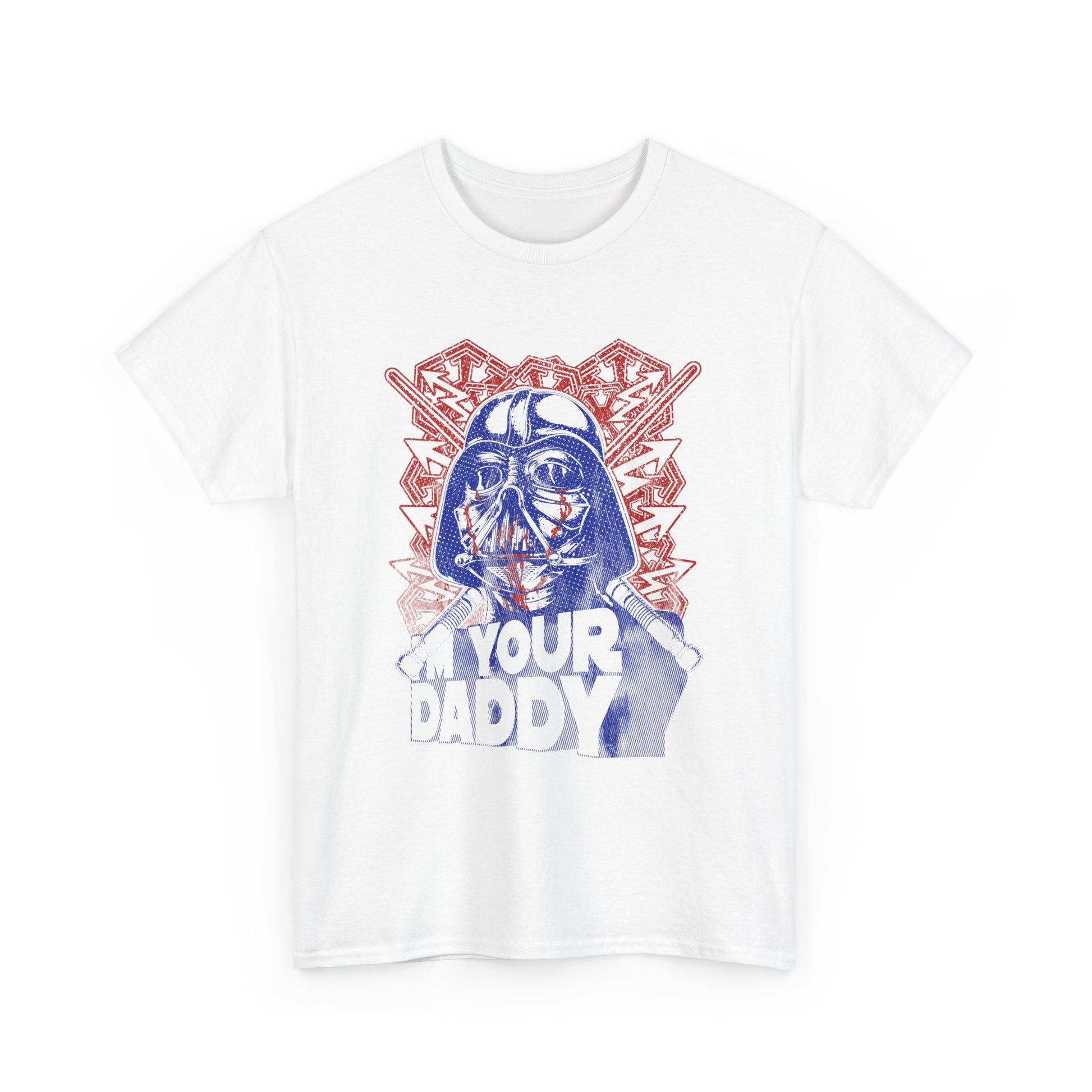 Stylish white t-shirt featuring a charming comic-style illustration of Darth Vader alongside the words 'I'M YOUR DADDY', combining elegance with playful pop culture flair.