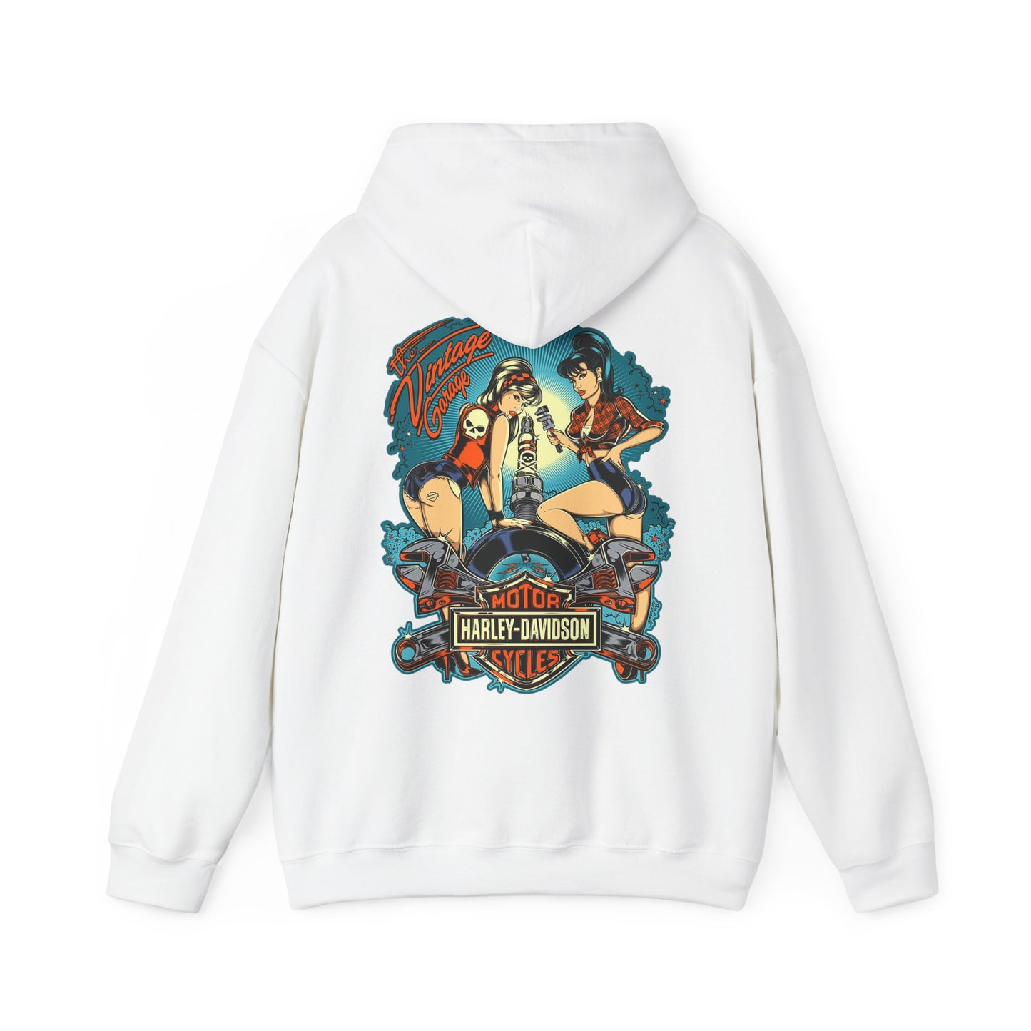 Elegant vintage garage hoodie featuring a stunning back print with retro pin-up women working on a motorcycle, set against a vibrant teal-blue background, embodying nostalgia and style.