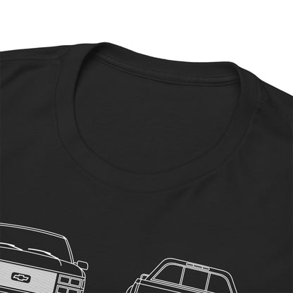 Close-up image of the neckline of the Chevrolet Cheyenne T-Shirt, highlighting the quality stitching and luxurious black fabric design featuring outline drawings of Chevrolet trucks.