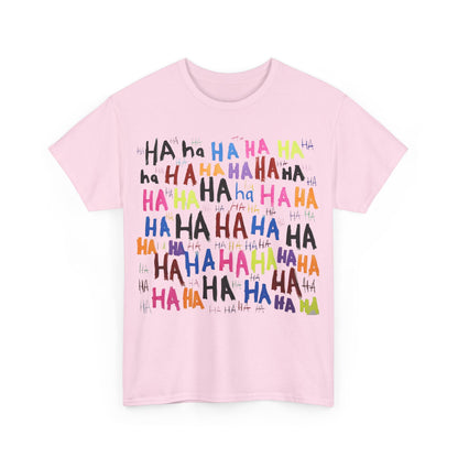 Vibrant HAHA Graphic Unisex T-Shirt in pastel pink featuring a lively and colourful design of the word 'HAHA' across the front.