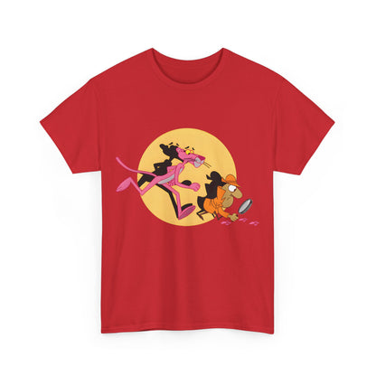 Pink Panther Graphic T-Shirt Urban Unisex Cotton Tee showcasing the playful design of the pink panther and a detective against a vibrant yellow moon on striking red fabric.