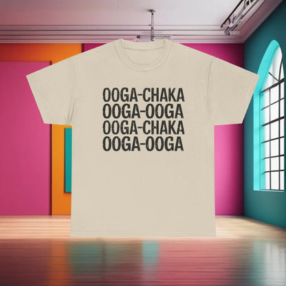 Chic 'Hooked On a Feeling' Graphic T-Shirt featured in artistic setting, showcasing the 'Ooga Chaka' print in striking font.