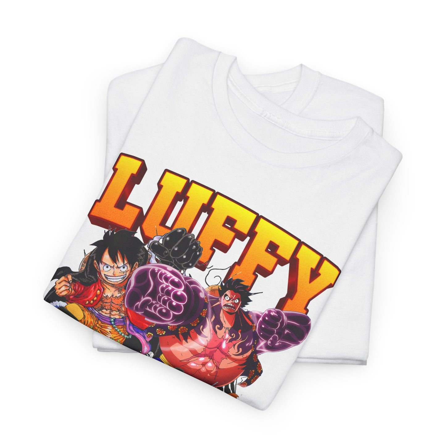 Folded white t-shirt showcasing a striking artwork of Luffy with prominent bold text, ideal for stylish anime fans.
