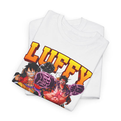 Folded white t-shirt showcasing a striking artwork of Luffy with prominent bold text, ideal for stylish anime fans.