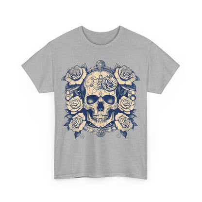 Front view of the Skulls and Roses Cotton Tee in grey, highlighting a stunning skull and roses artwork, perfect for a stylish wardrobe.