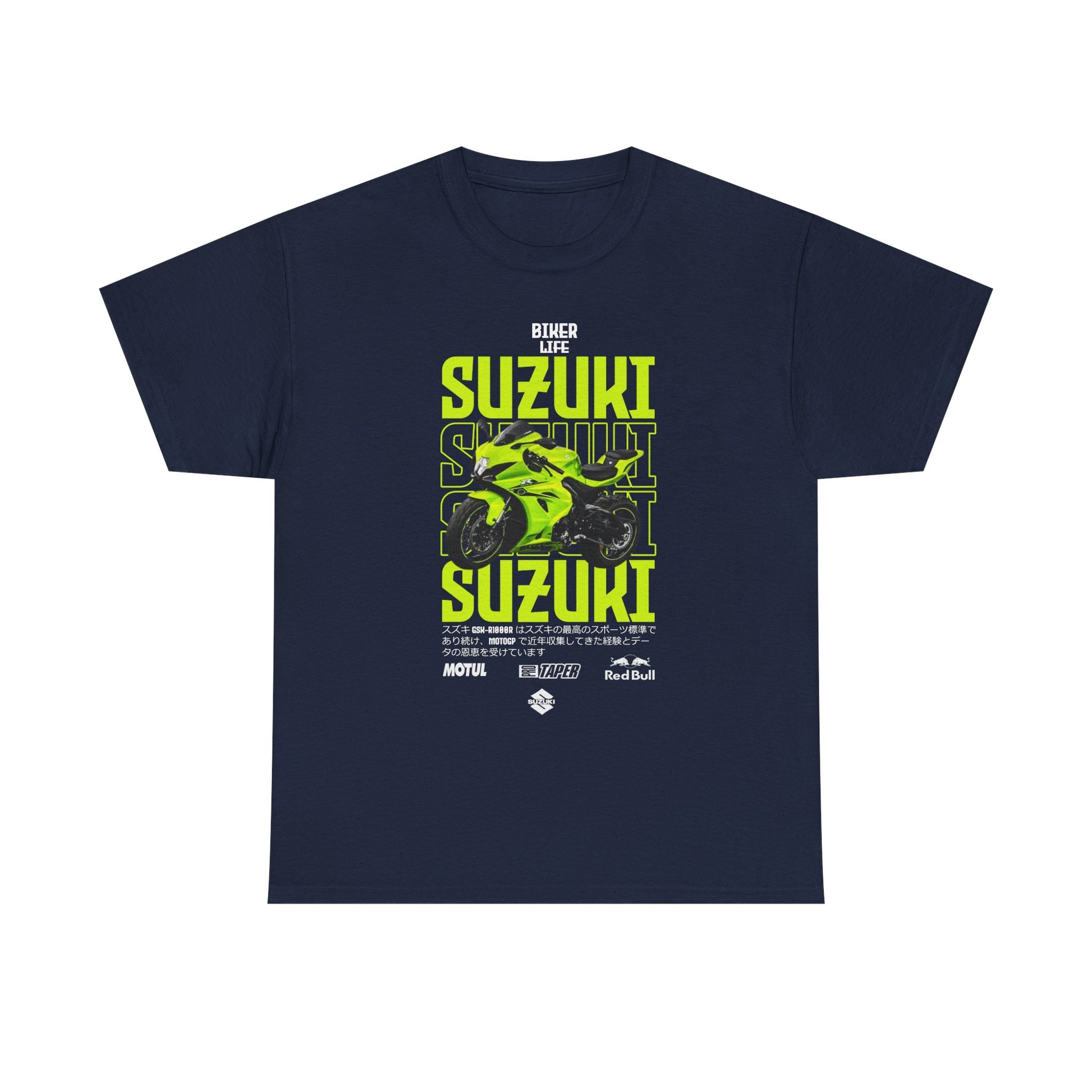 Refined navy blue men’s T-shirt displaying a stunning Suzuki GSX-R motorcycle graphic, highlighted by the bold 'BIKER LIFE' slogan in bright green, epitomising the lifestyle of motorcycling with flair and sophistication.