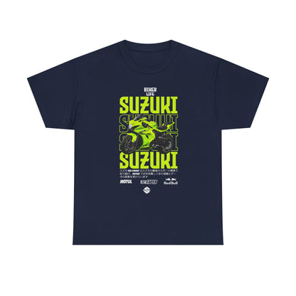 Refined navy blue men’s T-shirt displaying a stunning Suzuki GSX-R motorcycle graphic, highlighted by the bold 'BIKER LIFE' slogan in bright green, epitomising the lifestyle of motorcycling with flair and sophistication.