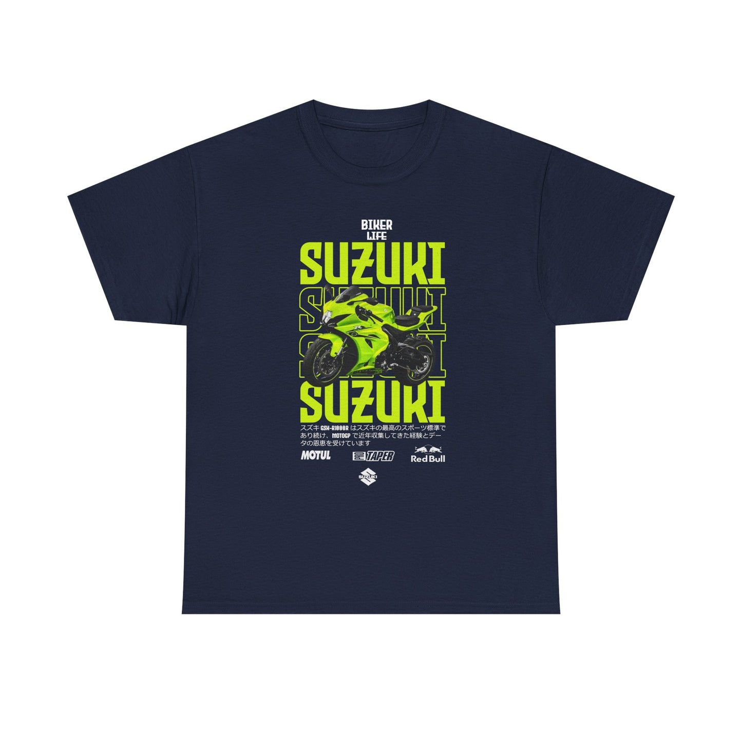 Navy blue men's t-shirt featuring an eye-catching Suzuki GSX-R graphic in lime green, exuding a sense of adventure with 'Biker Life' prominently displayed.