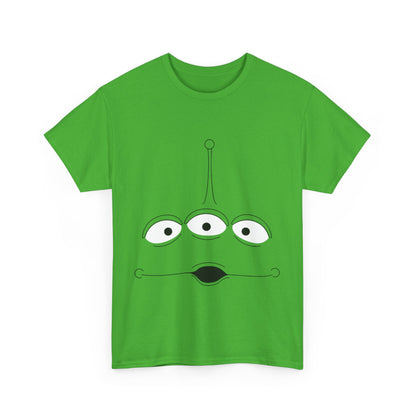 Elegant Toy Story Alien Unisex Men´s Women´s Graphic T Shirt Tee displaying a playful three-eyed alien graphic on a bold lime green background, ideal for casual chic ensembles.