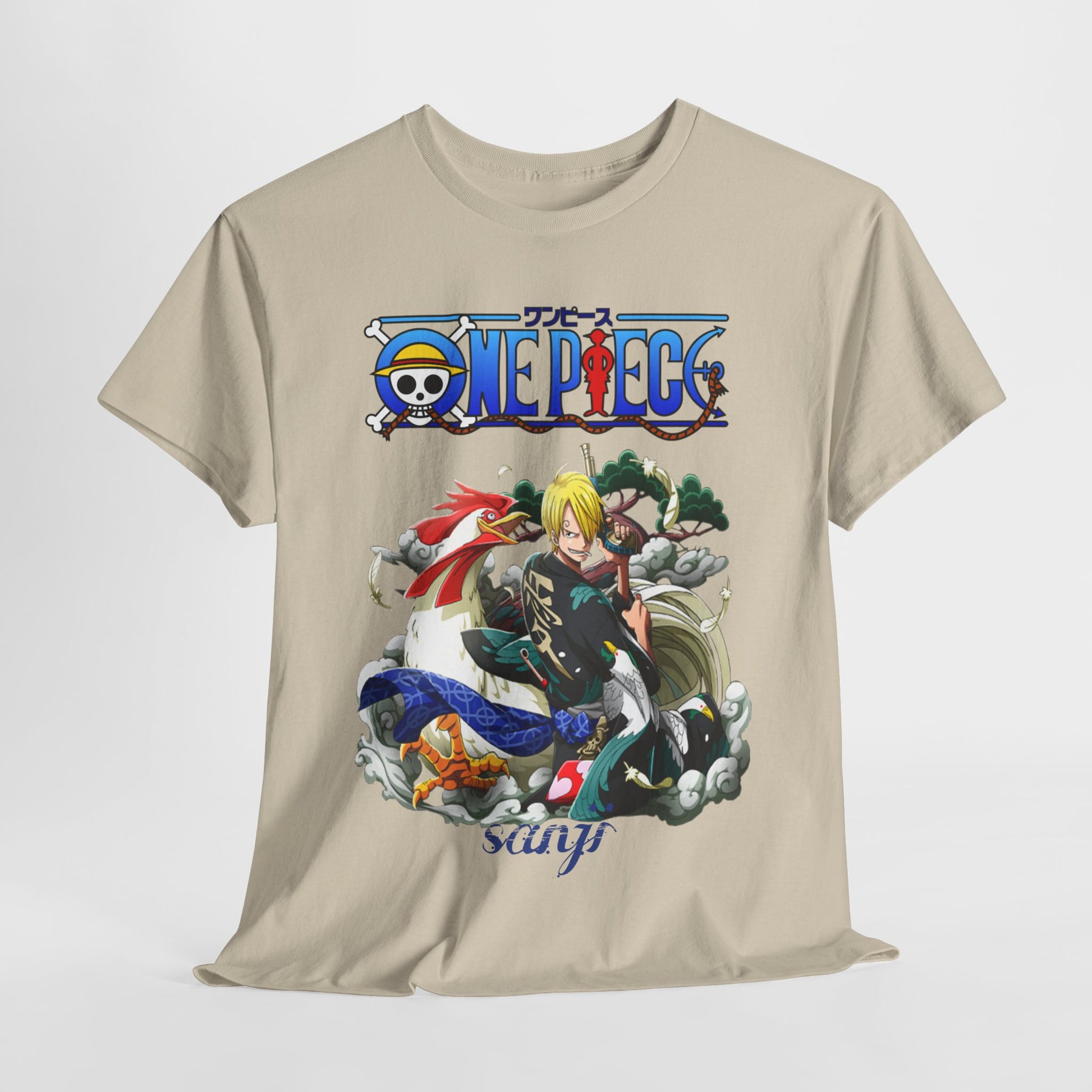 Luxuriously crafted men's t-shirt showcasing a vibrant Sanji design from One Piece, featuring an artistic depiction of the character in dynamic colours against a neutral background.