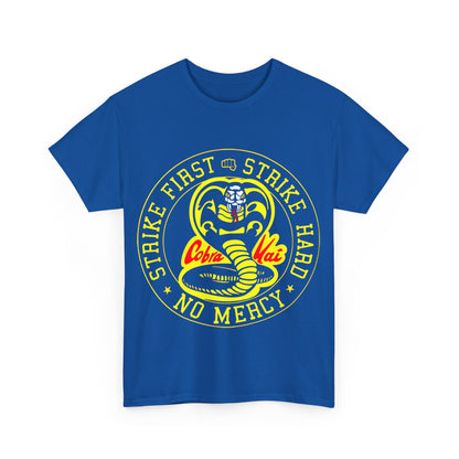 Cobra Kai Graffiti Graphic Unisex T-Shirt - Stylish streetwear tee featuring a vibrant blue colour and bold Cobra Kai design with the slogan 'Strike First Strike Hard No Mercy'.