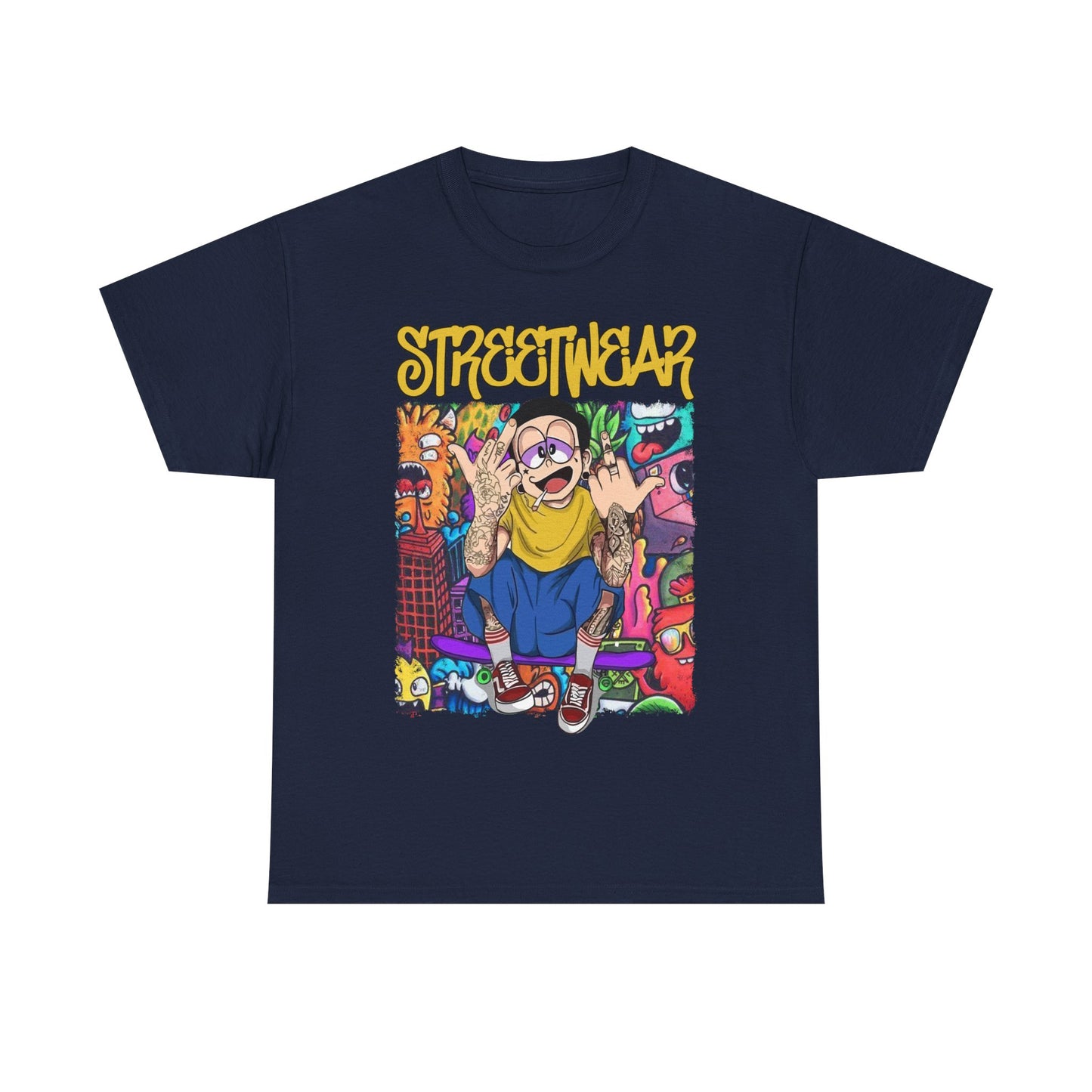 Elegant navy t-shirt displaying striking 'STREETWEAR' text and colourful cartoon imagery, a must-have piece for any modern wardrobe.