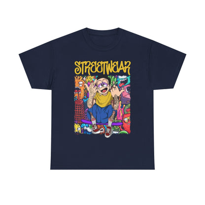 Elegant navy t-shirt displaying striking 'STREETWEAR' text and colourful cartoon imagery, a must-have piece for any modern wardrobe.