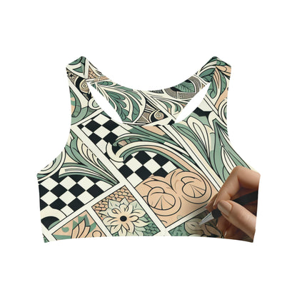 Vivienne Belmont Women's Sports Bra by Dazzling Dreams Studio, showcasing modern checkerboard pattern in pastel green, designed for luxurious comfort and style.