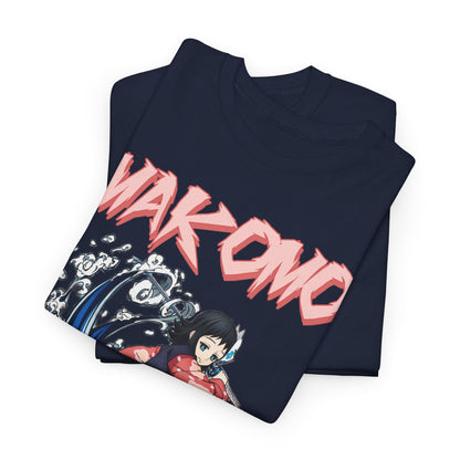 Folded Makomo anime T-shirt highlighting the intricate design featuring a dynamic water splash motif and eye-catching typography, perfect for collectors.