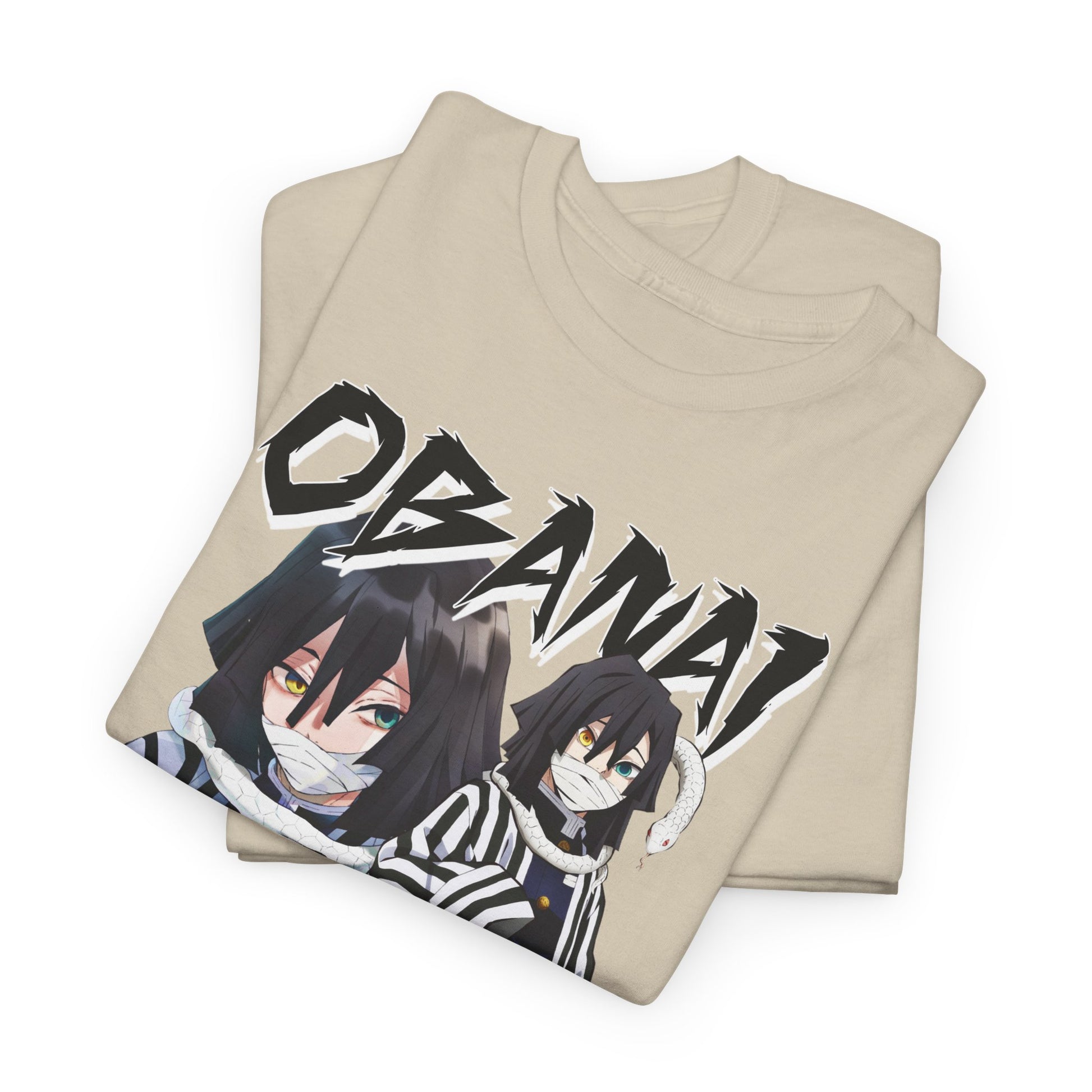 Stylish folded beige Obanai Iguro T-shirts showcasing a dynamic character graphic, representing the perfect blend of luxury and anime culture for collectors.
