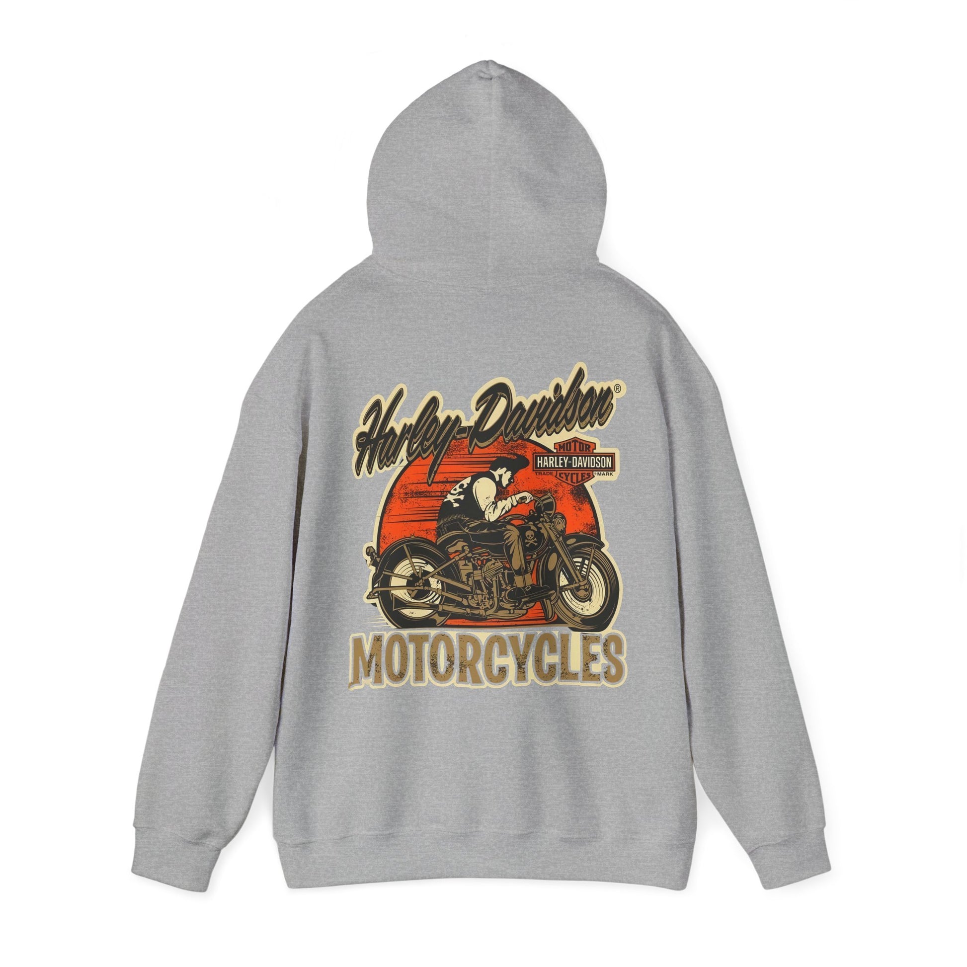 Chic grey Harley-Davidson hoodie featuring a vintage motorcycle design, embodying adventure and luxury for discerning motorcycle lovers.