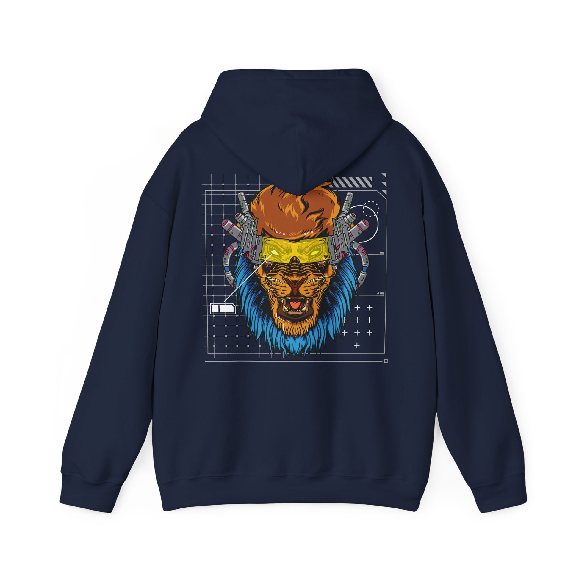 A luxurious navy hoodie featuring a striking back print of a cyberpunk lion's head, adorned with vibrant blue mane and futuristic yellow glasses amidst a digital grid backdrop.