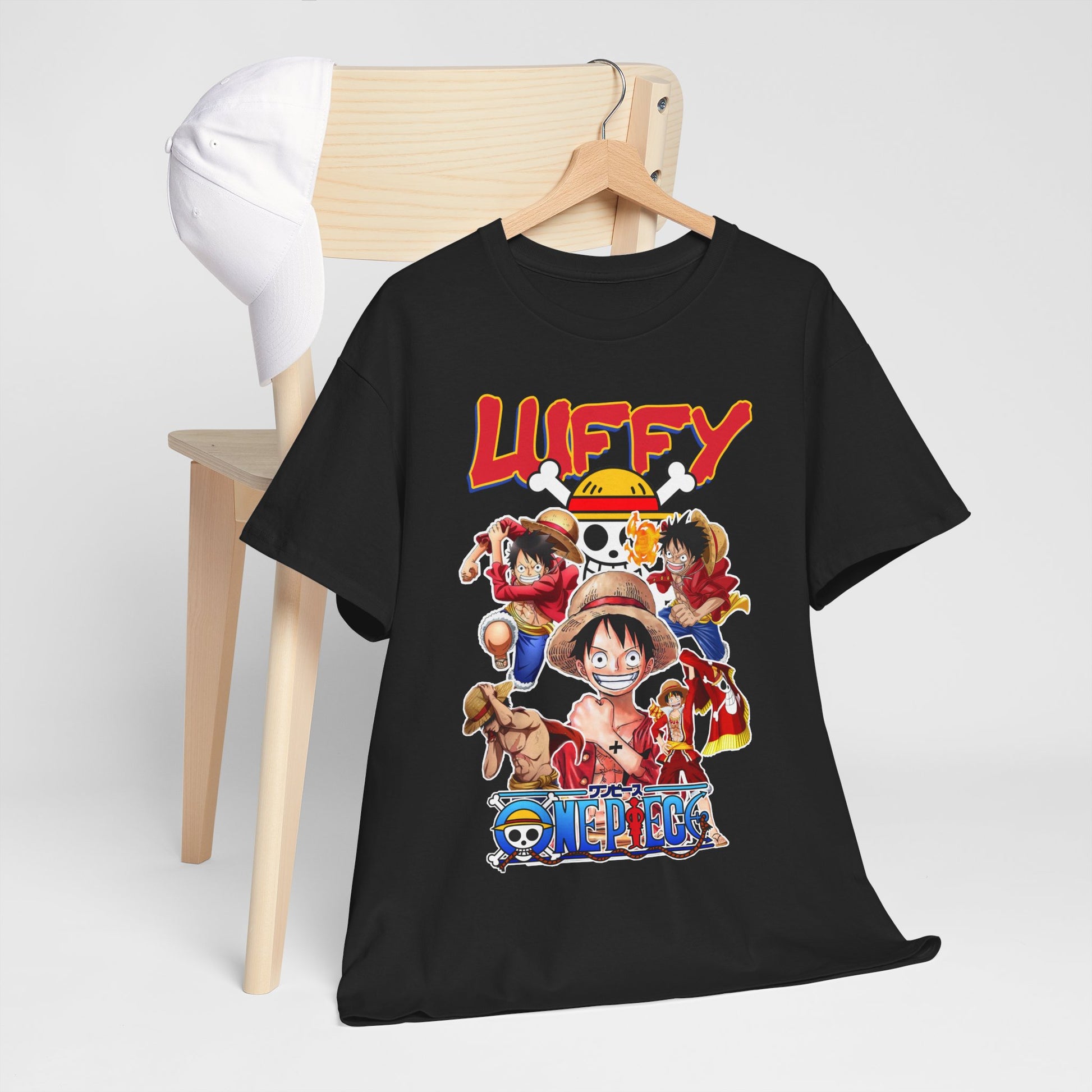 Luxurious black T-shirt featuring vibrant anime-inspired graphics of Luffy and Straw Hat crew, designed to showcase fandom and adventure.