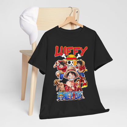 Luxurious black T-shirt featuring vibrant anime-inspired graphics of Luffy and Straw Hat crew, designed to showcase fandom and adventure.